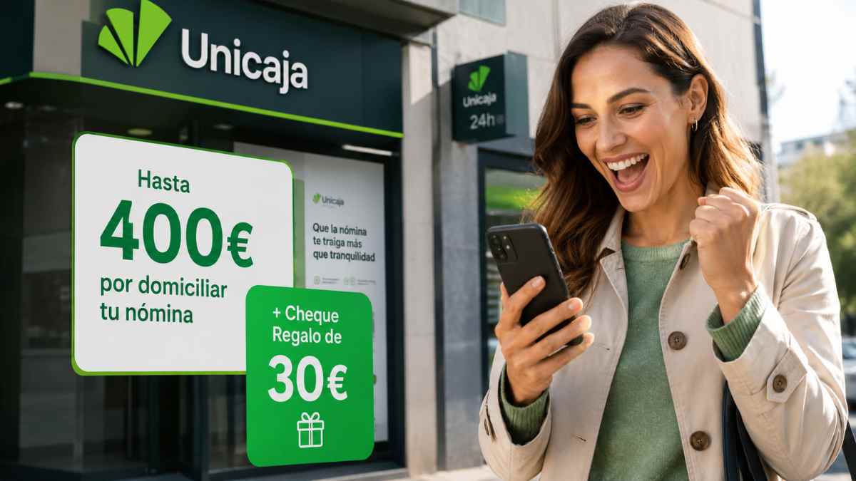 Promoción de Unicaja con hasta 400 euros y un cheque regalo por domiciliar la nómina