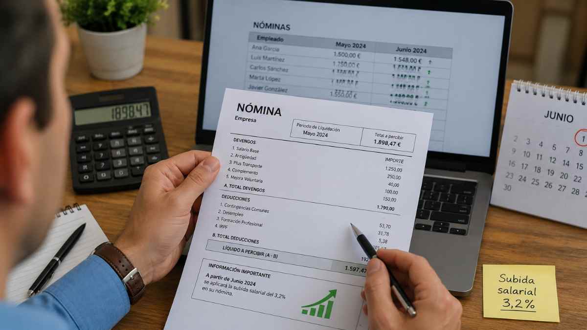 Trabajador revisando una nómina con subida salarial aprobada para junio