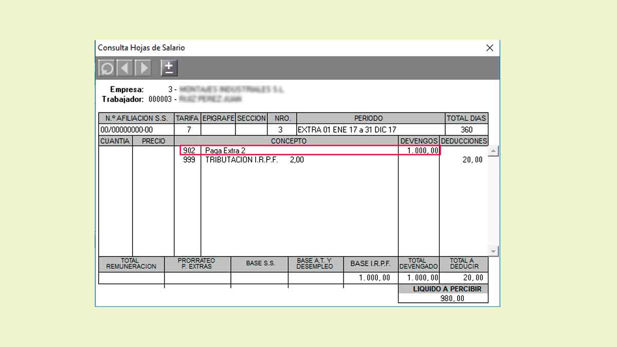 Detalle de nómina mostrando la paga extra de verano de 1.000 €, fruto de la reciente subida del SMI