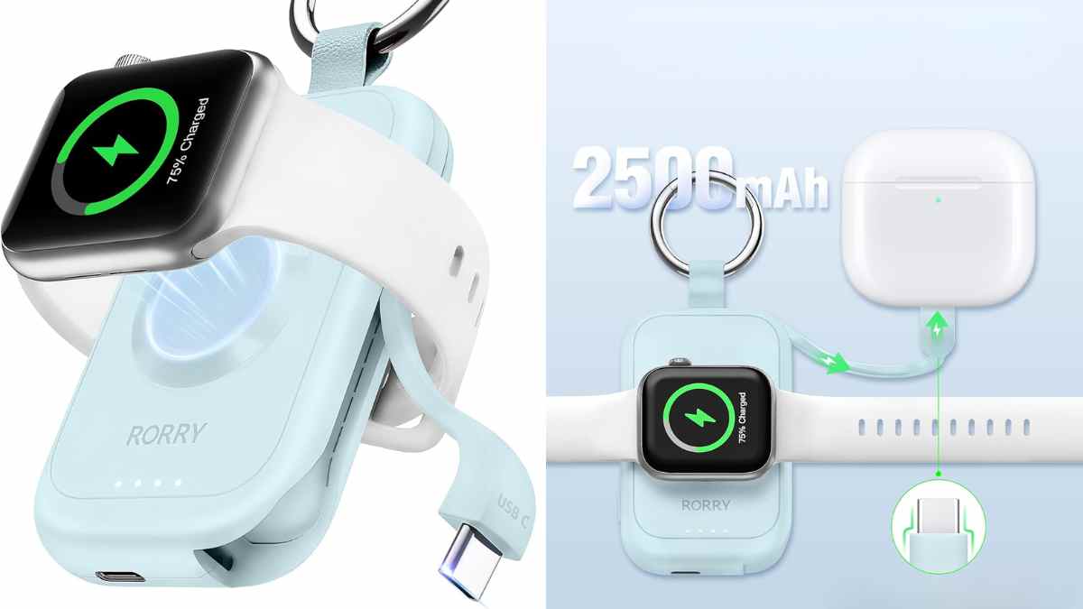 Llavero cargador portátil 3 en 1 RORRY de Amazon para móvil, reloj y auriculares.