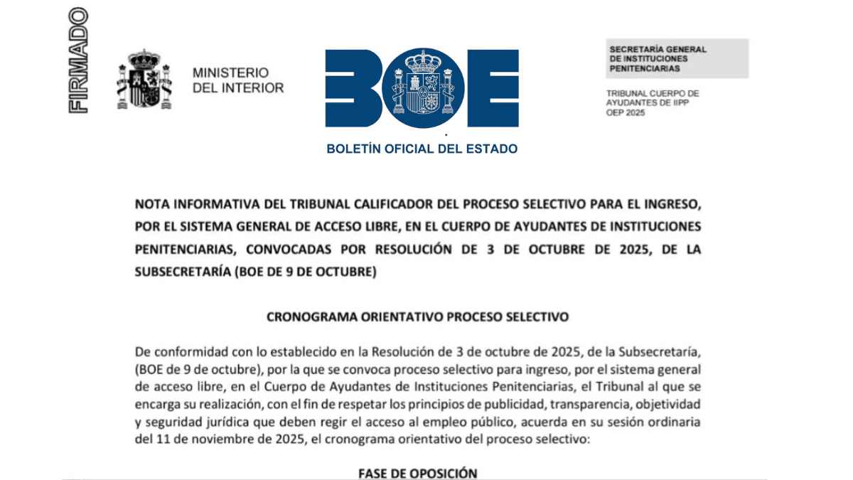 Documento oficial del BOE sobre el examen de Instituciones Penitenciarias 2026 con fechas y sedes confirmadas.