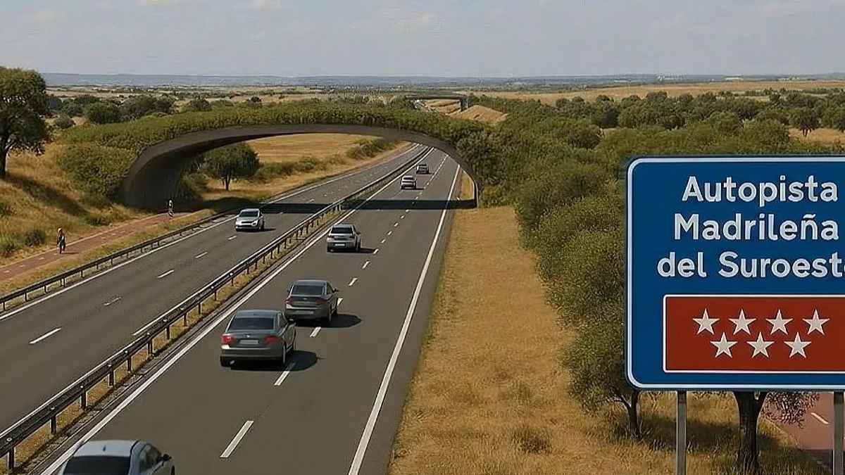 Autopista Madrileña del Suroeste con tráfico y señal indicativa del nuevo corredor viario.