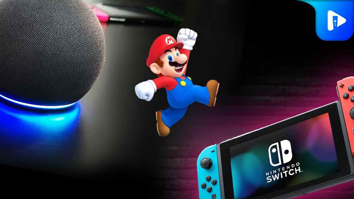 Echo Dot usado como altavoz Bluetooth junto a una Nintendo Switch y un personaje de Mario.