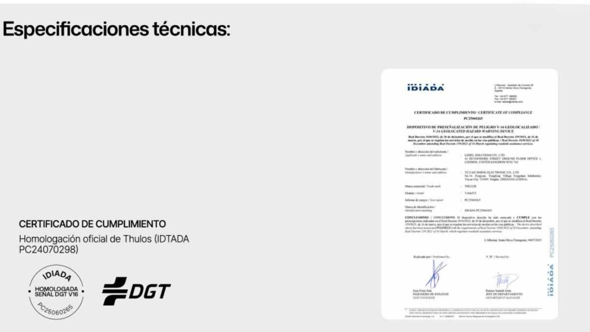 Certificado de homologación de una baliza V16 válida para la DGT.