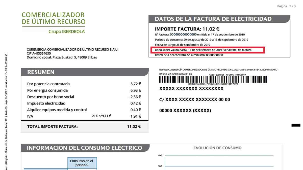 Factura de la luz con bono social térmico activo y fecha de validez indicada.