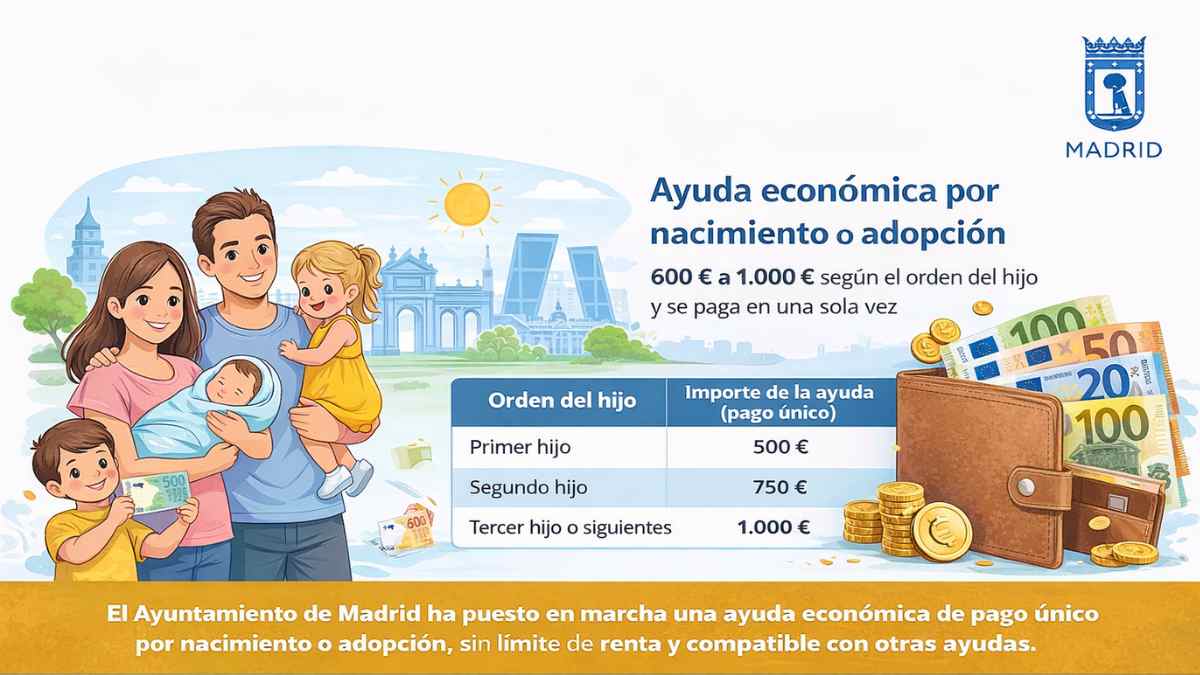 Ayudas por nacimiento o adopción del Ayuntamiento de Madrid con pago único de hasta 1.000 euros.