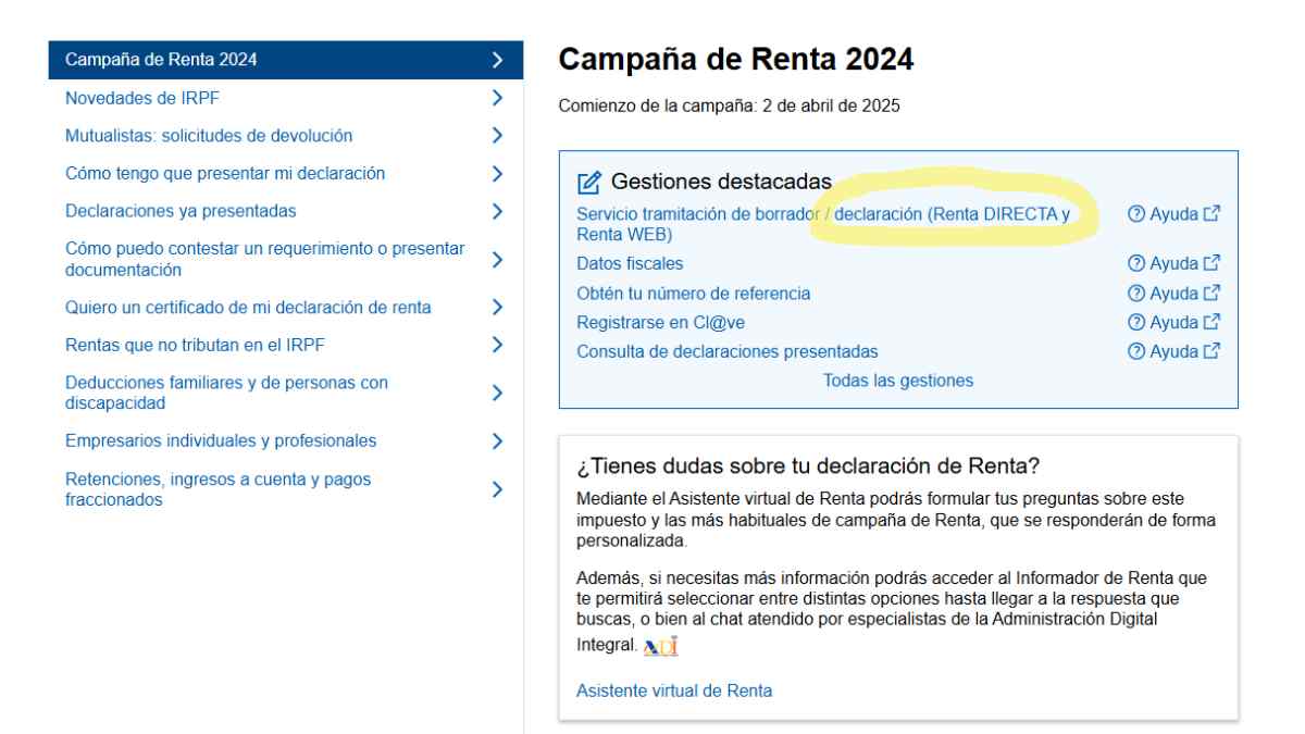 Pantalla del portal de la Agencia Tributaria con el acceso a Renta DIRECTA para tramitar el borrador o la declaración de la Renta 2024.