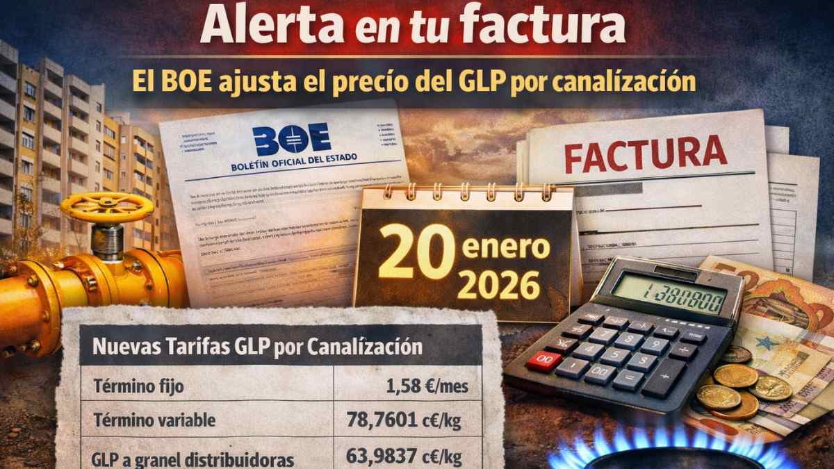 Imagen con aviso “Alerta en tu factura” y tabla de nuevas tarifas del GLP por canalización publicadas en el BOE (20 enero 2026)