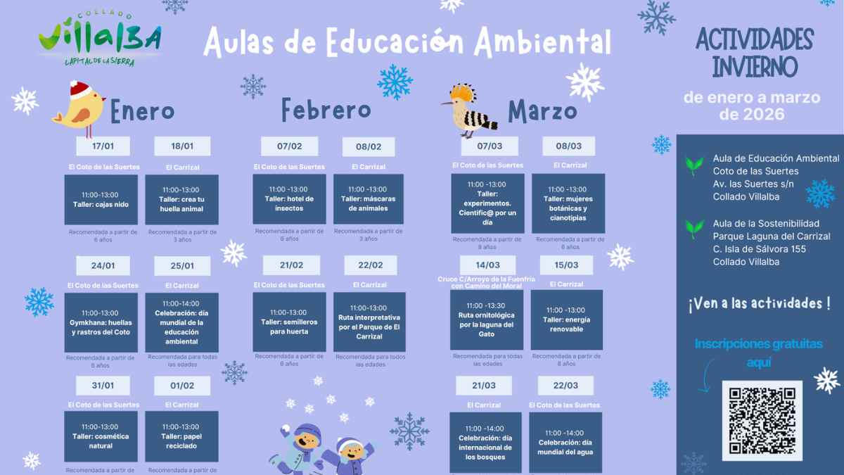 Actividades de invierno en las Aulas de Educación Ambiental de Collado Villalba de enero a marzo de 2026