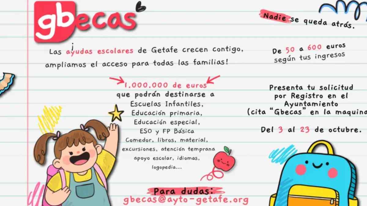 Cartel informativo de las Gbecas Escolares de Getafe con las cuantías para el curso 2025 a 2026