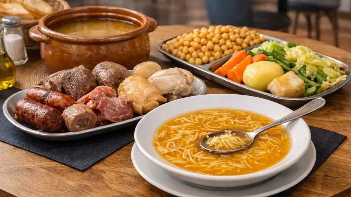 Cocido madrileño completo servido en el plan gastronómico Los Jueves de Cocido