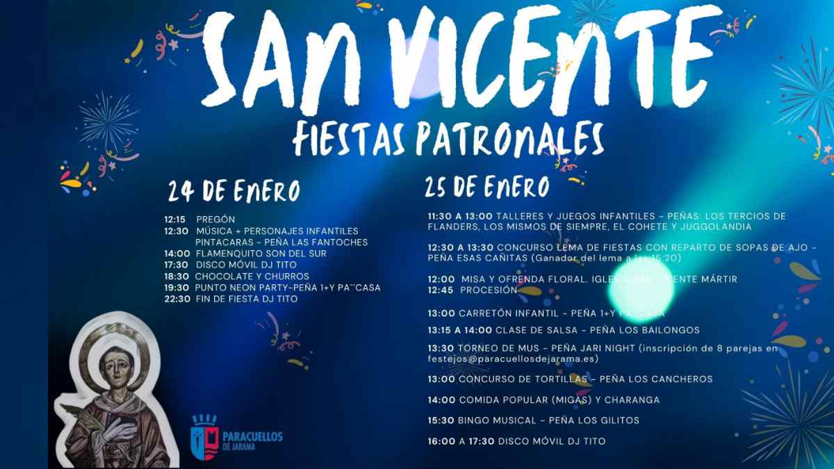 Cartel de las fiestas de San Vicente Mártir en Paracuellos de Jarama con el programa del 24 y 25 de enero