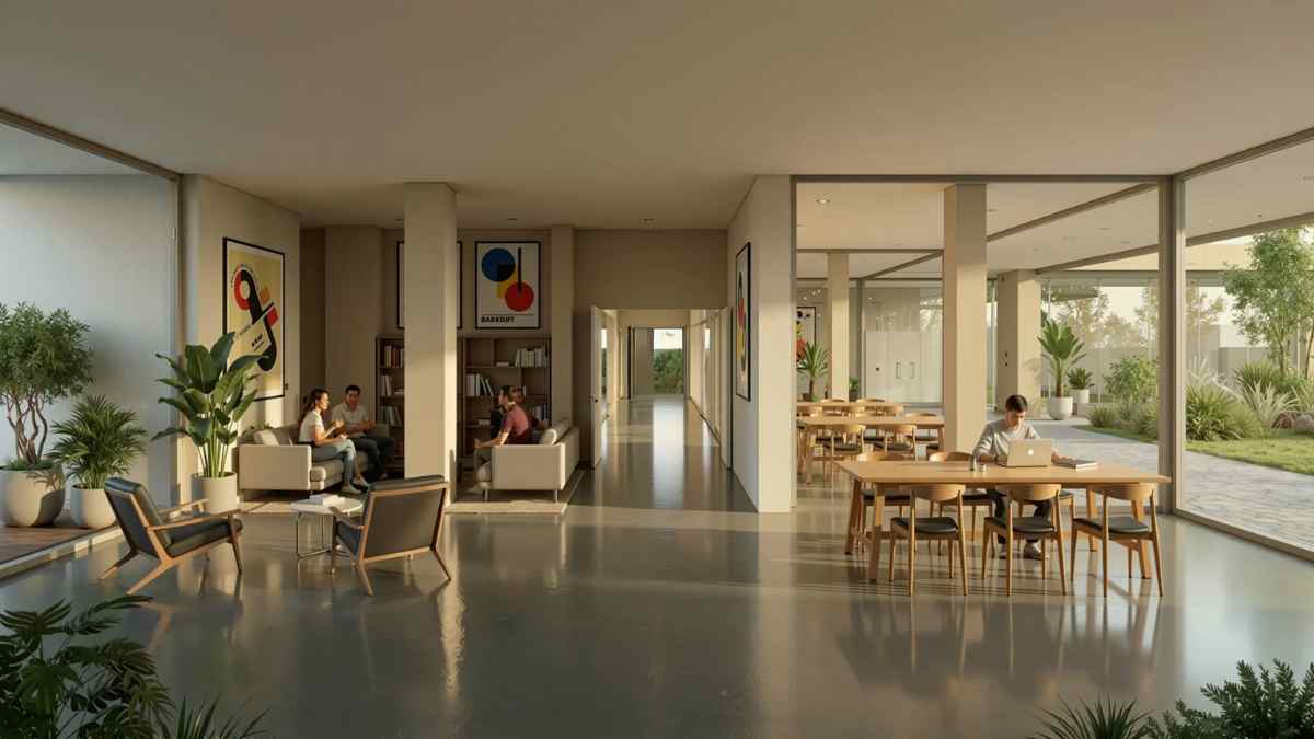 Espacio común del coliving municipal de Madrid para jóvenes con zonas de trabajo y convivencia