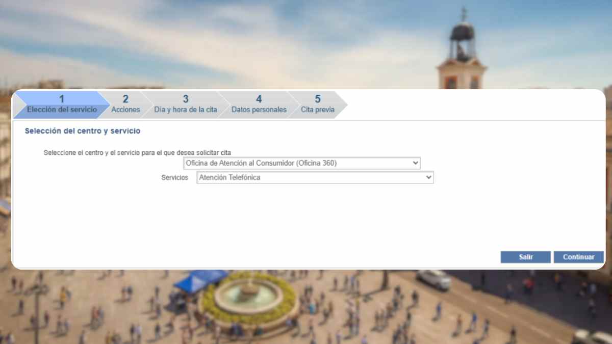 Sistema de cita previa telefónica en Consumo de la Comunidad de Madrid seleccionando Oficina 360