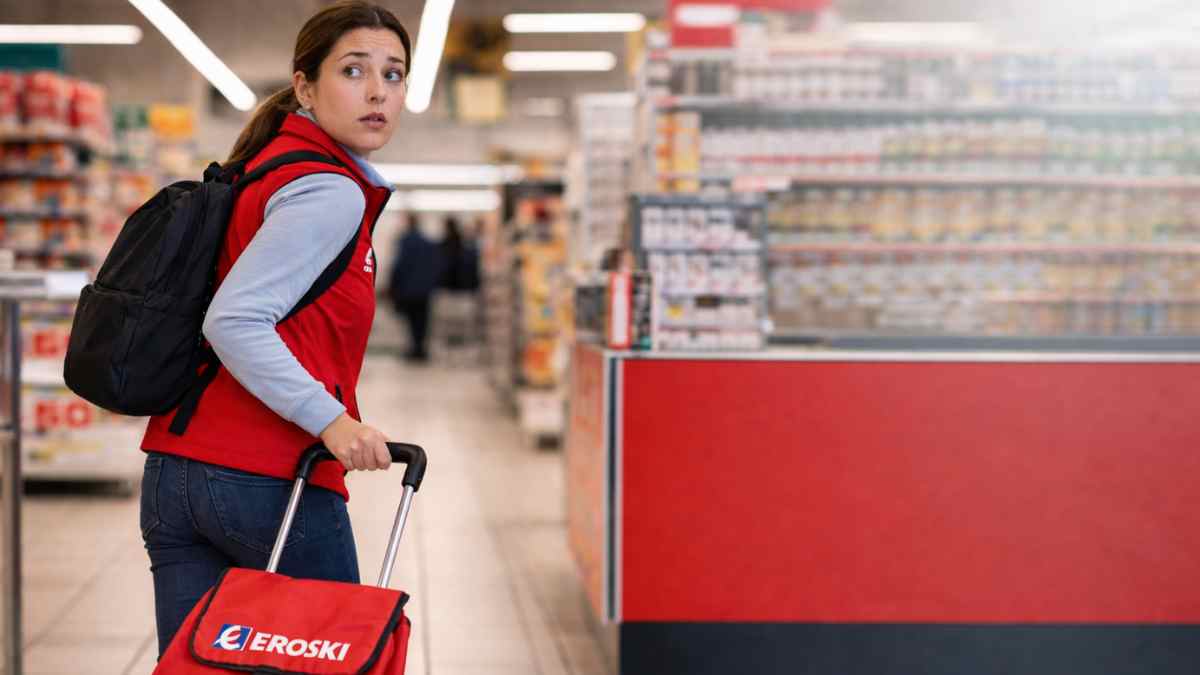 Socia trabajadora de Eroski con trolley en supermercado tras ser expulsada por sacar productos sin pagar