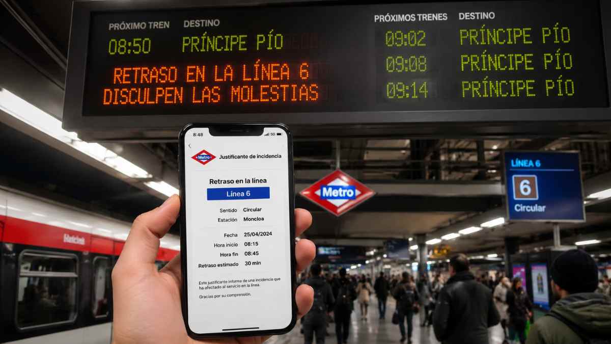 Justificante oficial por retraso en Metro de Madrid mostrado en un móvil dentro de una estación