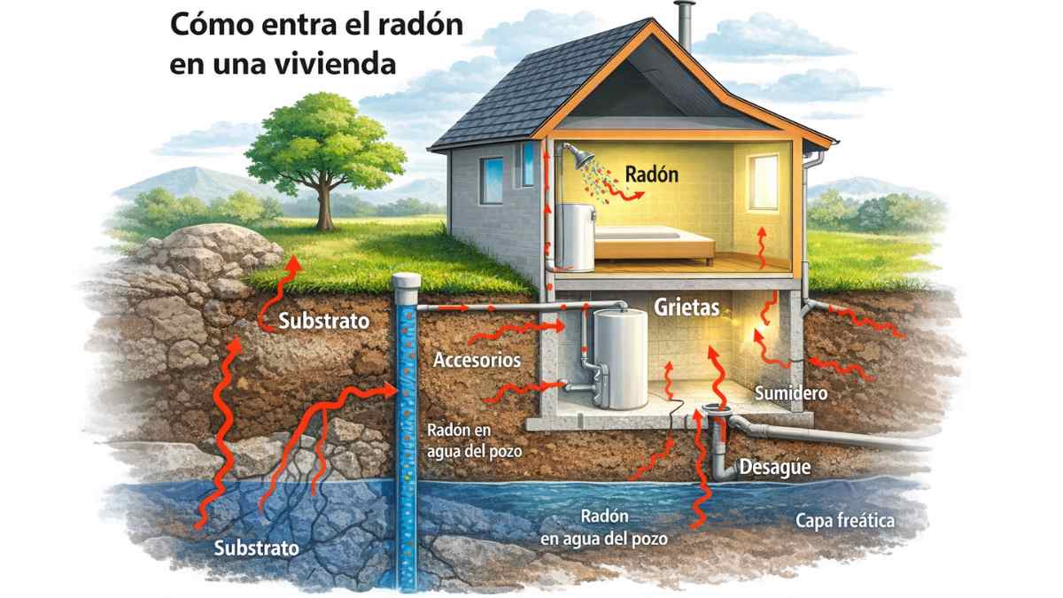 Esquema de cómo el radón entra en una vivienda desde el subsuelo a través de grietas, desagües y sótanos