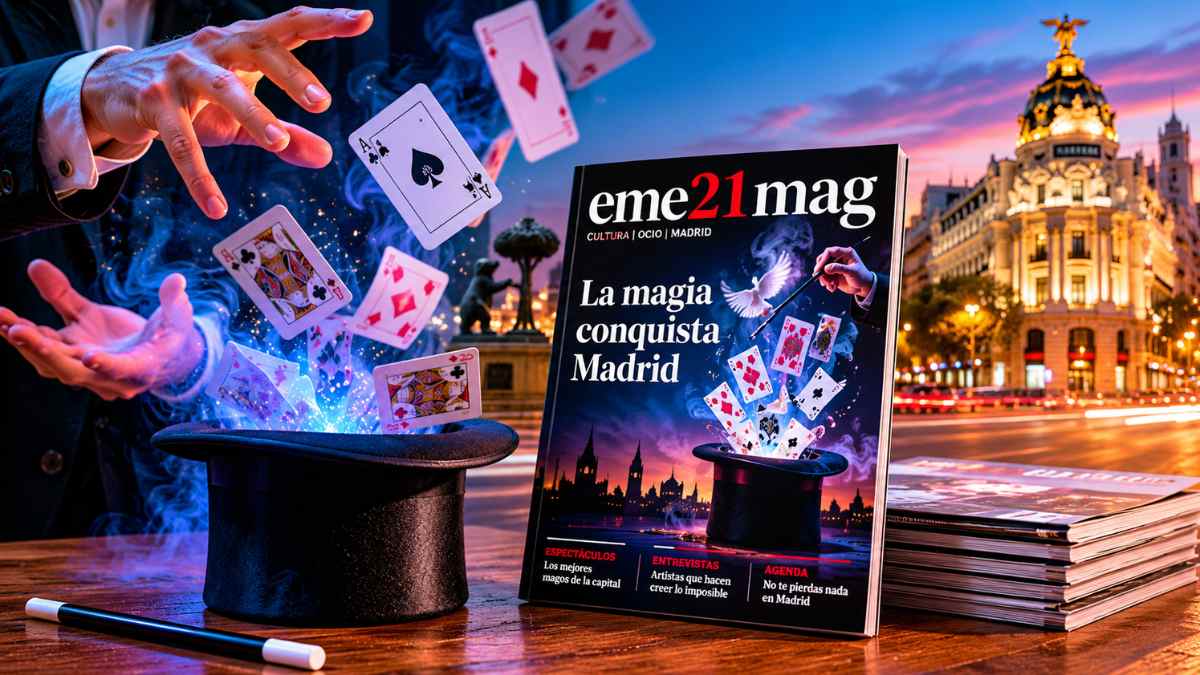 Cartas de magia y portada de eme21mag con un espectáculo de ilusionismo en Madrid