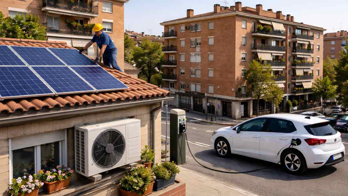 Instalación de placas solares y aerotermia en una vivienda con coche eléctrico cargando en Alcorcón gracias a ayudas municipales