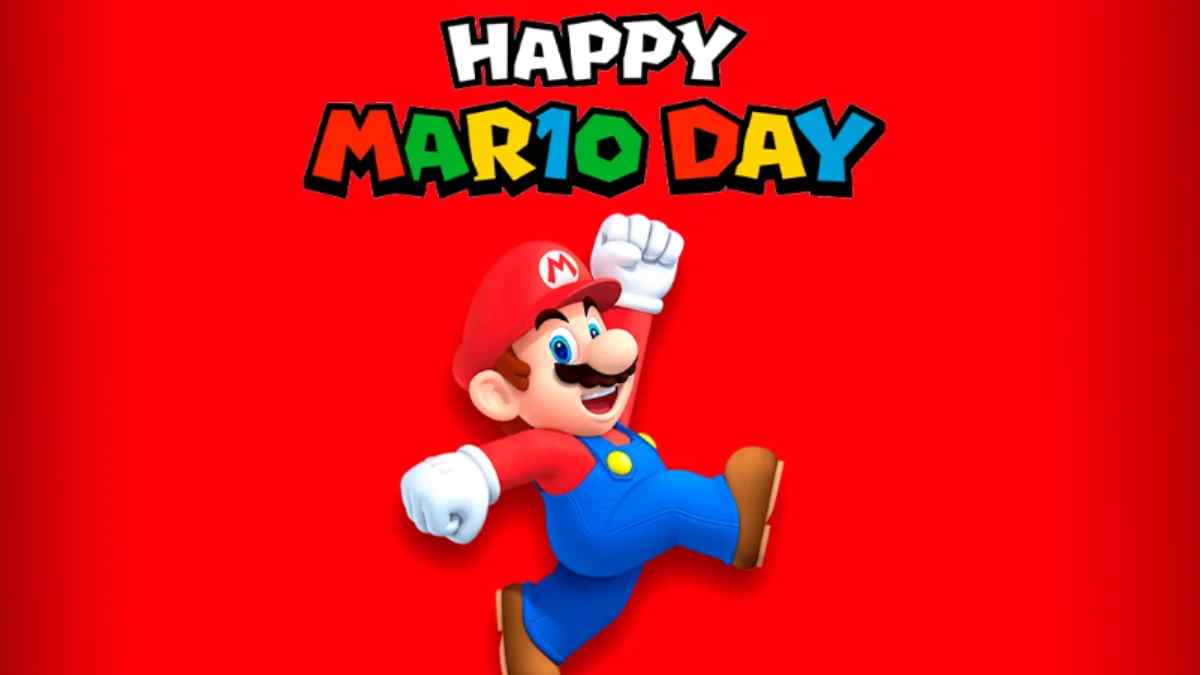 Super Mario celebrando el MAR10 Day o Día de Super Mario con fondo rojo promocional