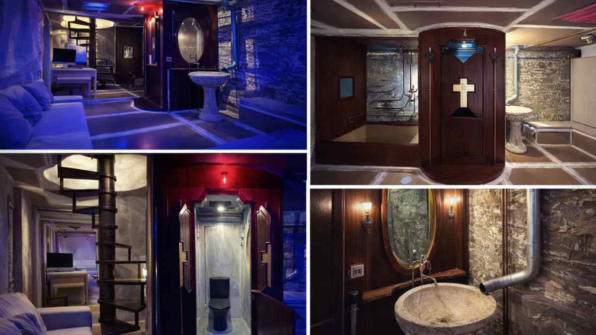 Loft para artistas en Madrid con confesionario como baño, pila bautismal como lavabo y barra de bombero en un piso de alquiler