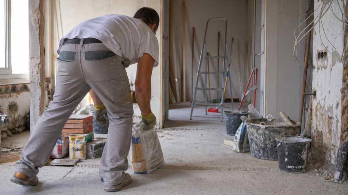 Albañil de baja por lumbalgia cargando material en una obra durante incapacidad temporal