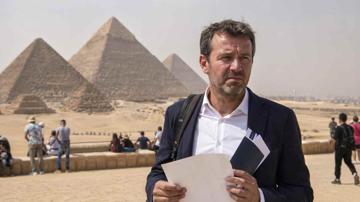Trabajador en Egipto durante baja por ansiedad con documentos en mano ante las pirámides