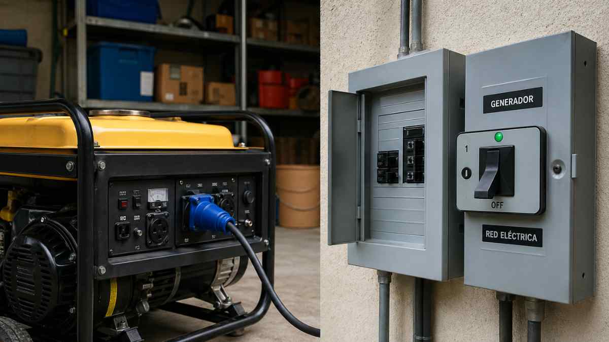 Generador eléctrico conectado a cuadro eléctrico con conmutador de red en instalación doméstica en España