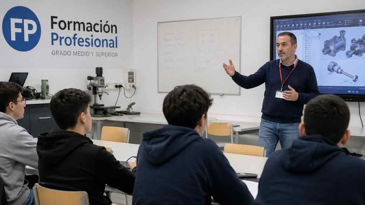 Profesional de empresa impartiendo clase en Formación Profesional en Madrid a estudiantes en un aula técnica