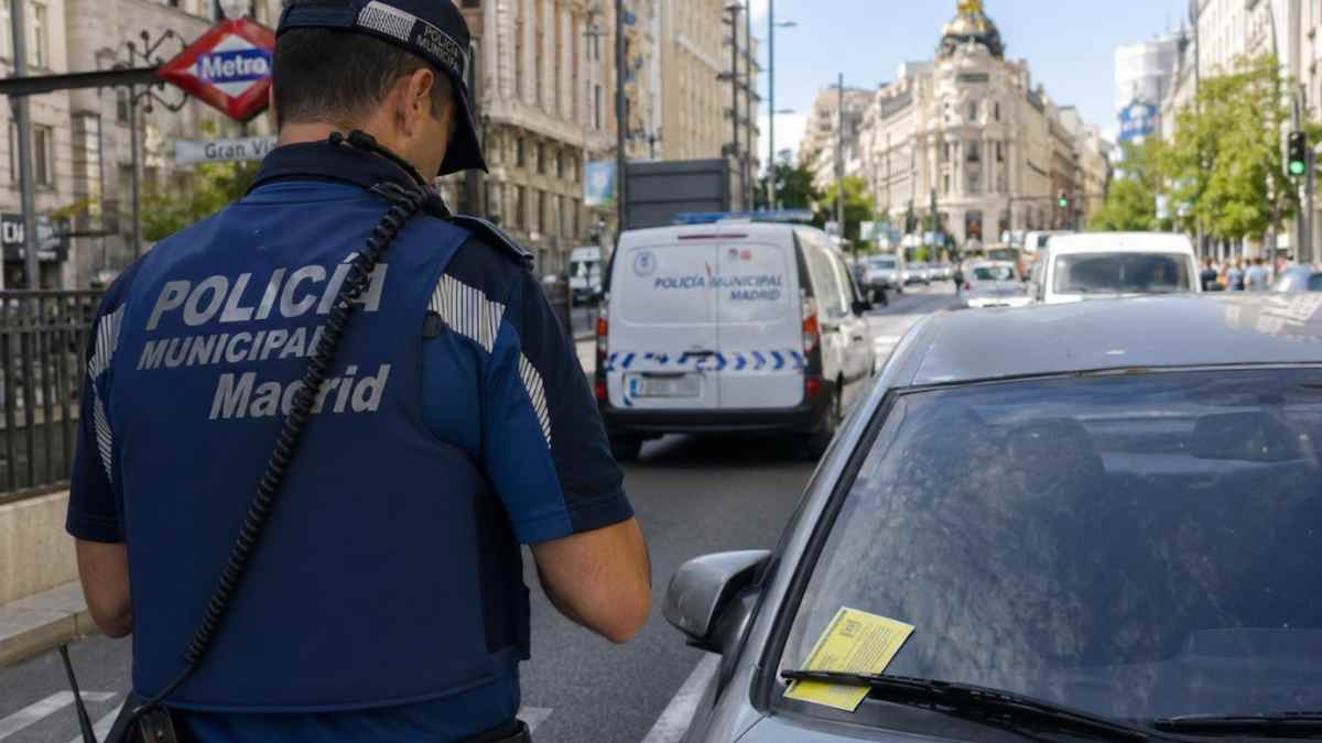 Policía municipal de Madrid poniendo una multa de tráfico a un coche en la calle Gran Vía