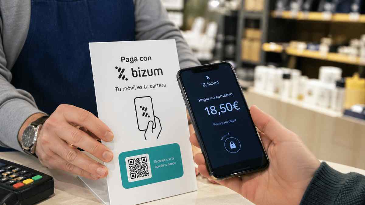 Pago con Bizum en tienda física usando móvil con tecnología contactless en España