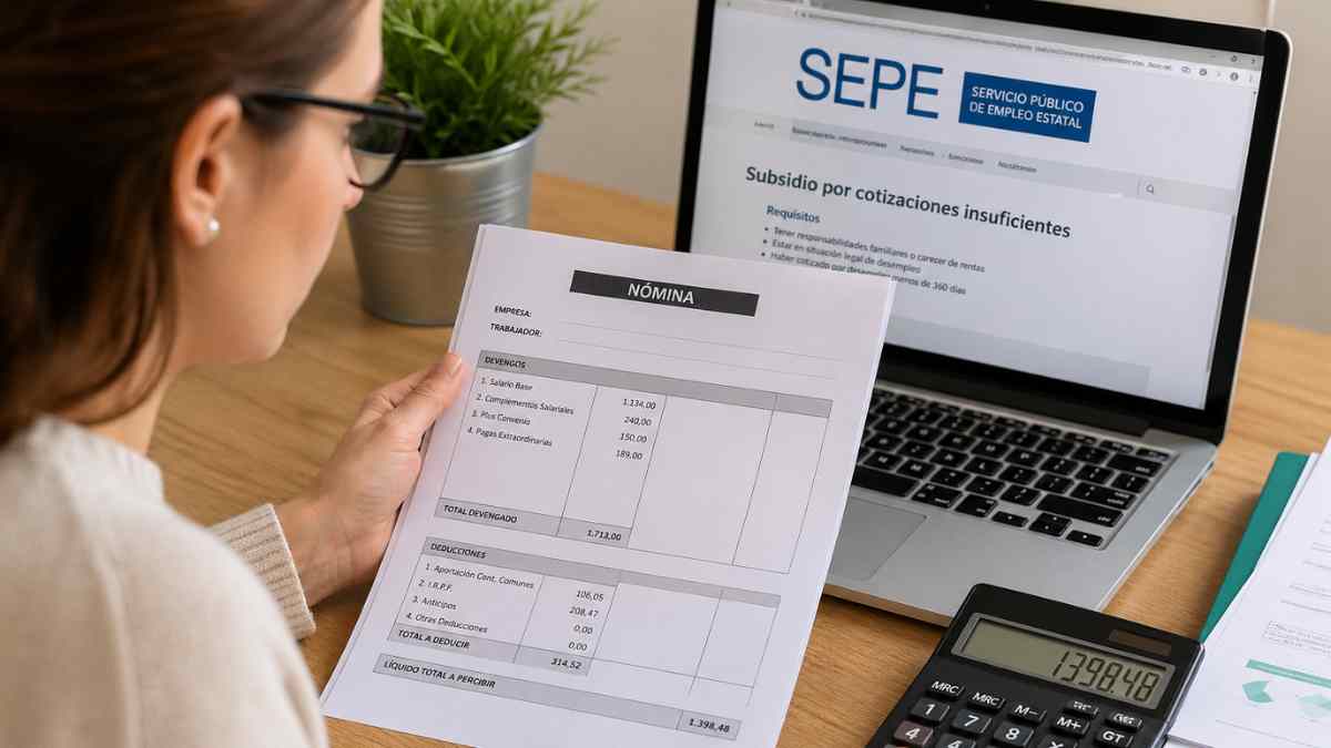 Mujer revisando nómina para calcular ingresos brutos del subsidio por cotizaciones insuficientes del SEPE