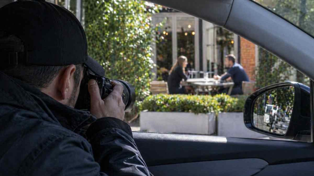 Detective fotografiando a trabajador de baja por estrés durante reunión con cliente para organizar una boda