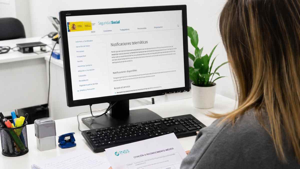 Trabajadora revisando notificación de la Seguridad Social sobre baja médica prolongada en ordenador
