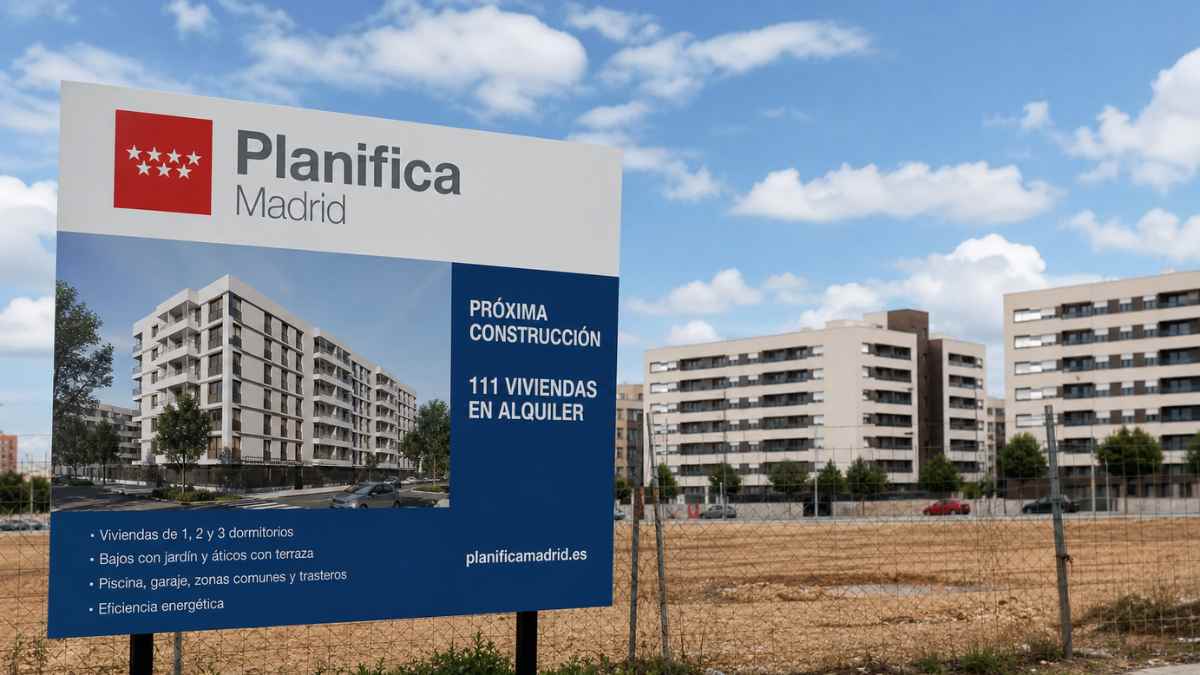Cartel de obra de 111 viviendas de alquiler asequible en Torrejón de Ardoz Madrid