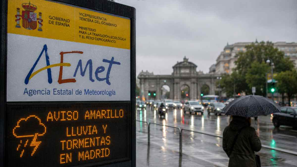 Aviso amarillo de la AEMET por lluvias y tormentas en Madrid con la Puerta de Alcalá bajo la lluvia
