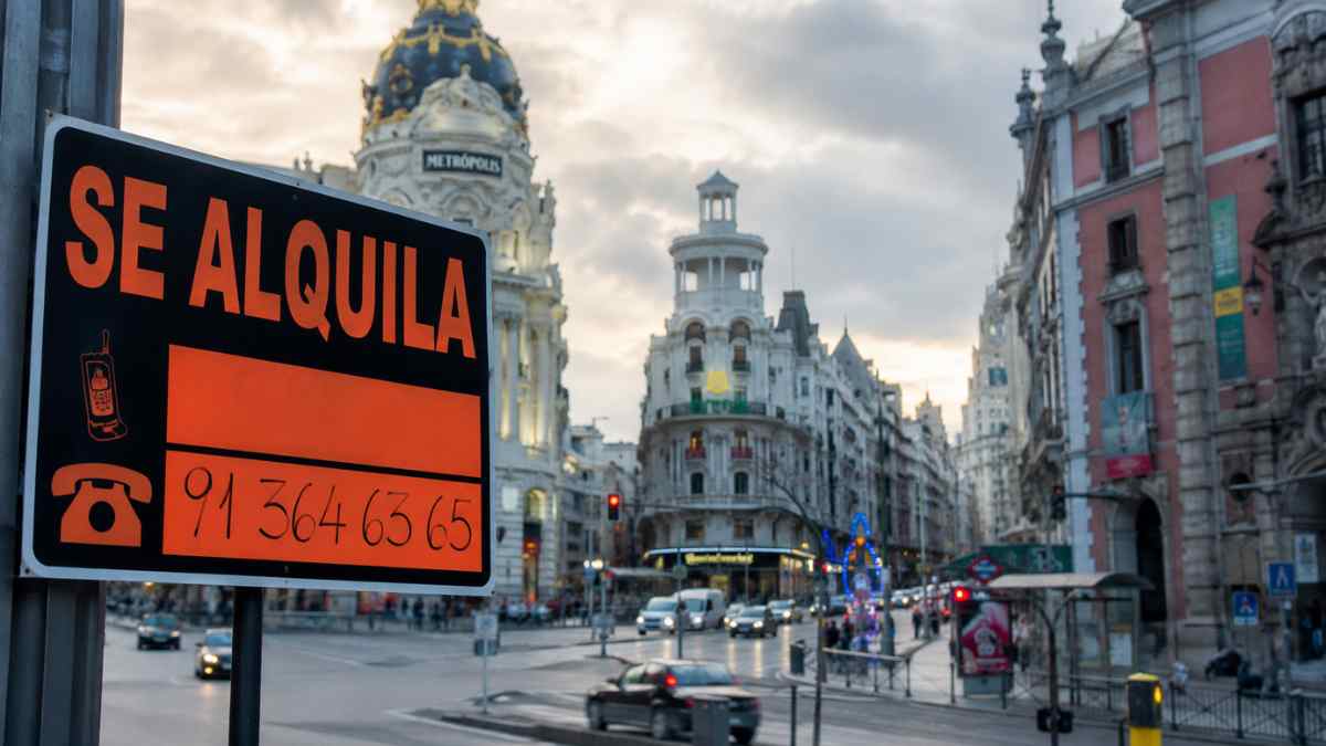Cartel de “Se alquila” en el centro de Madrid por la subida récord del precio del alquiler de pisos en 2026