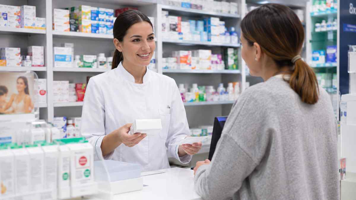 Auxiliar de farmacia atendiendo a una clienta en una farmacia y entregando medicamentos en el mostrador