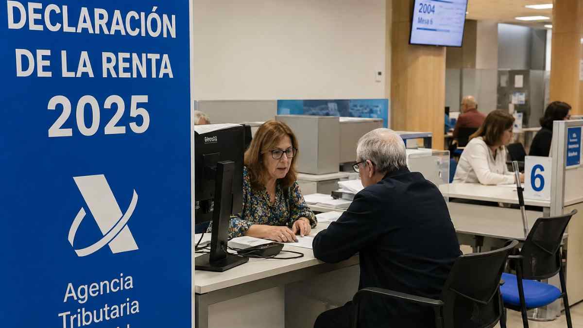 Mujer ayuda a un jubilado a presentar gratis la declaración de la Renta 2025 en una oficina de la Agencia Tributaria de Madrid