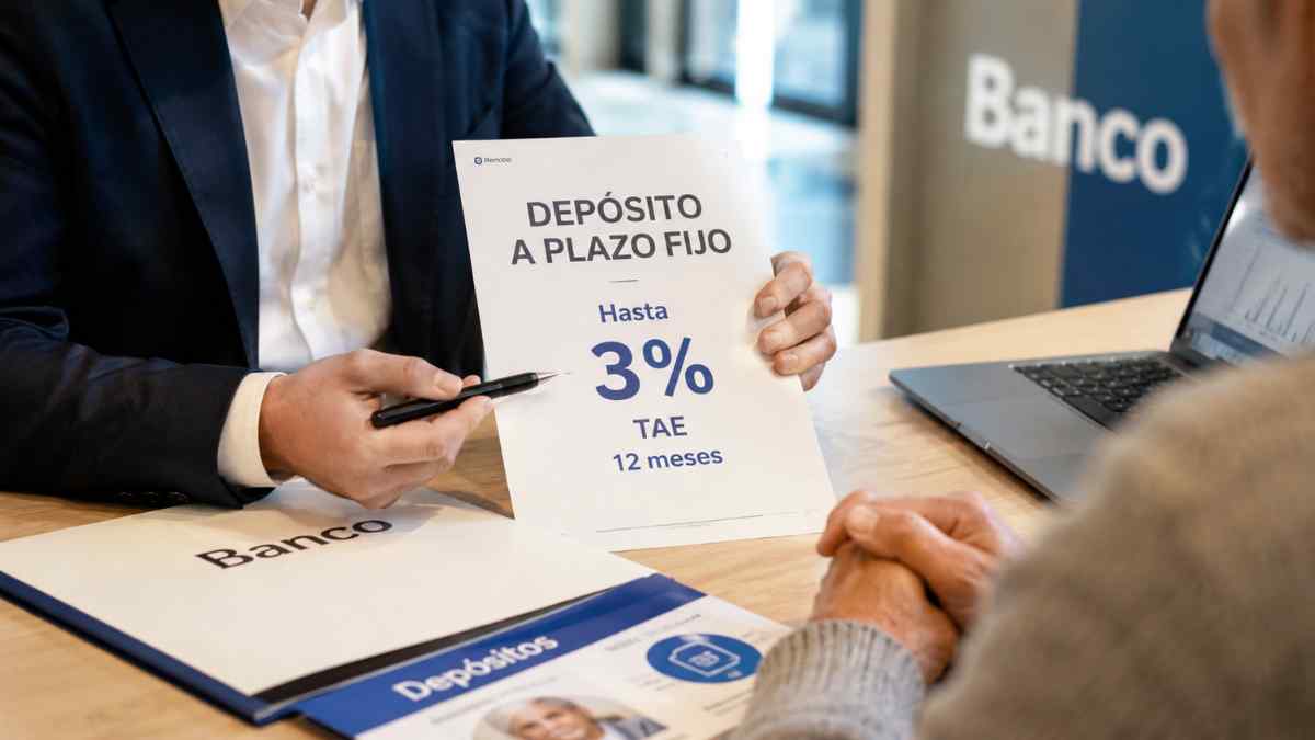 Cliente consulta en un banco un depósito a plazo fijo con una rentabilidad del 3% TAE