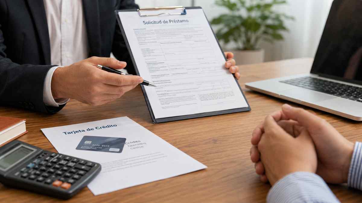 Cliente firma la solicitud de un préstamo bancario junto a una tarjeta de crédito tras la nueva ley de consentimiento previo