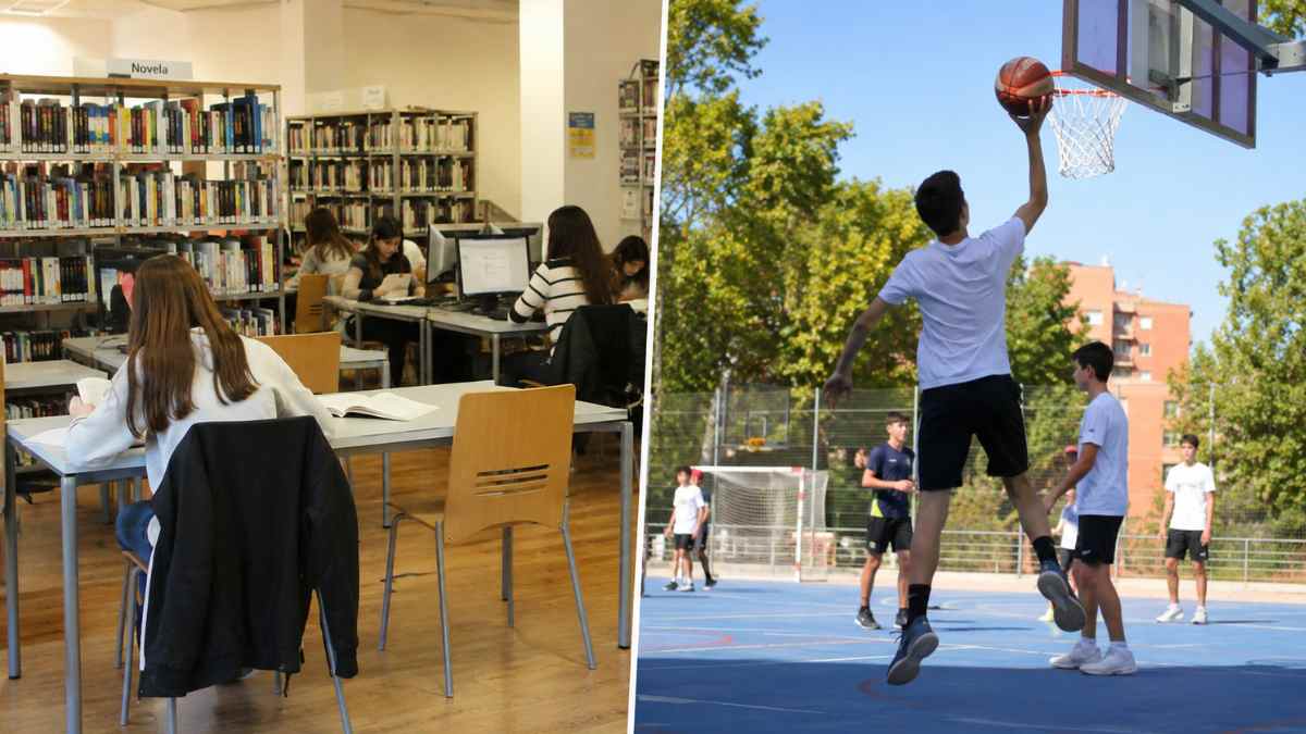Estudiantes en una biblioteca municipal y jóvenes practicando deporte en un instituto público de la Comunidad de Madrid