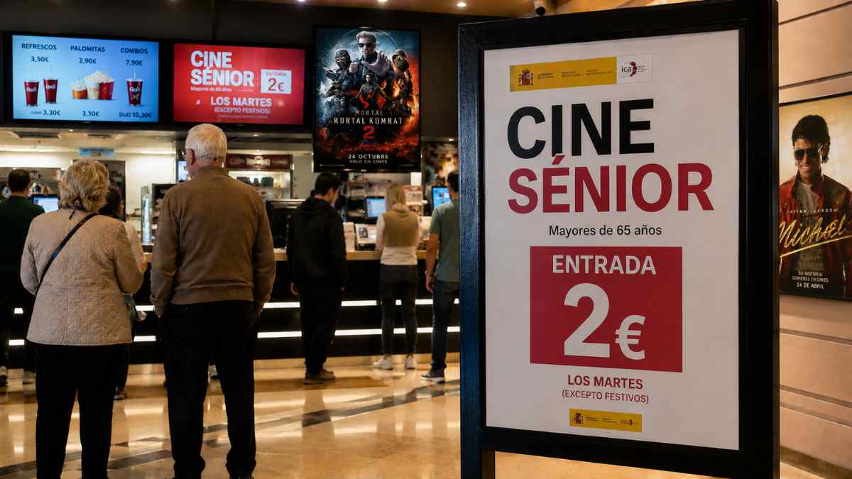 Cartel del programa Cine Sénior con entradas de cine a 2 euros para mayores de 65 años en una sala de cine española