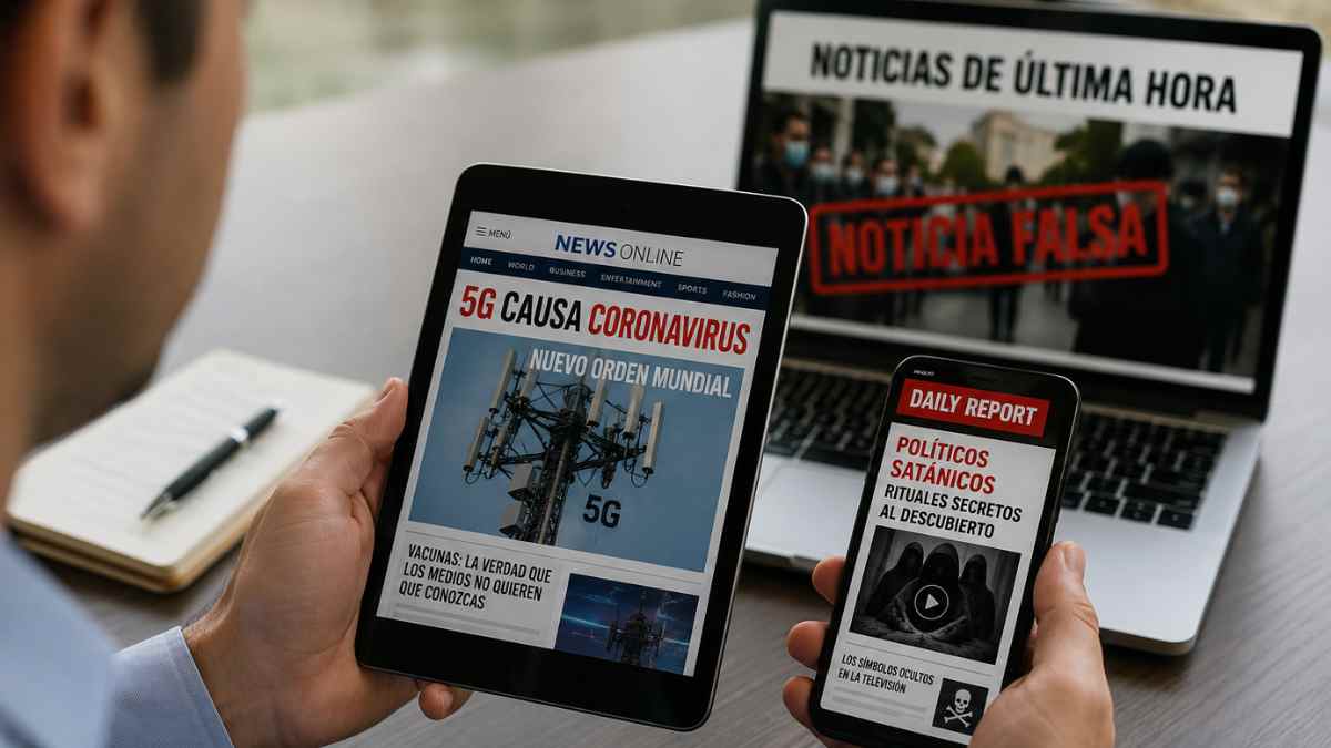 Persona consultando noticias falsas y titulares clickbait en móvil, tablet y ordenador portátil