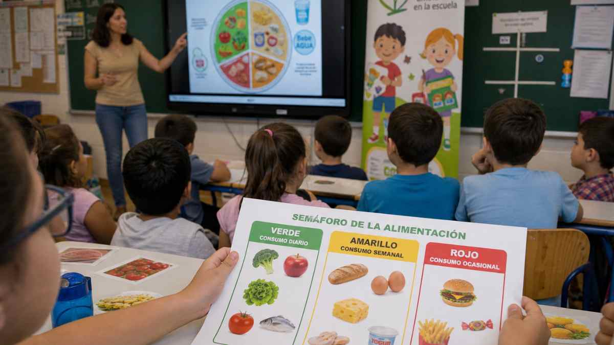 niños en colegio de Madrid aprendiendo nutrición saludable con semáforo de alimentación en clase