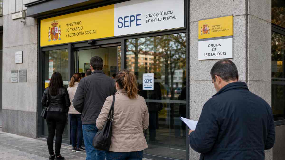 Personas entrando en una oficina del SEPE para gestionar el Complemento de Apoyo al Empleo y compatibilizar paro y trabajo