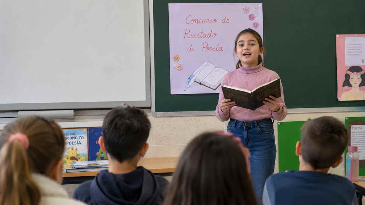 Alumna de Educación Primaria participando en el concurso de narración y recitado de poesía de la Comunidad de Madrid