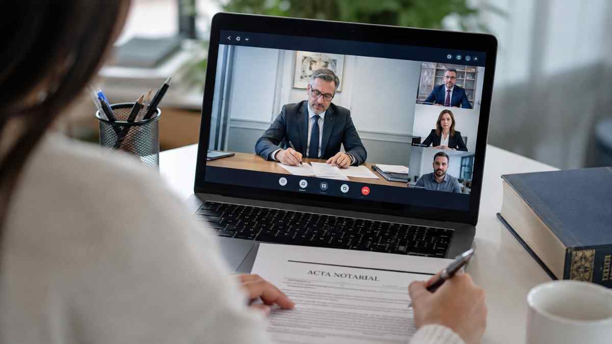 Notario realizando un trámite notarial online por videoconferencia desde un ordenador portátil