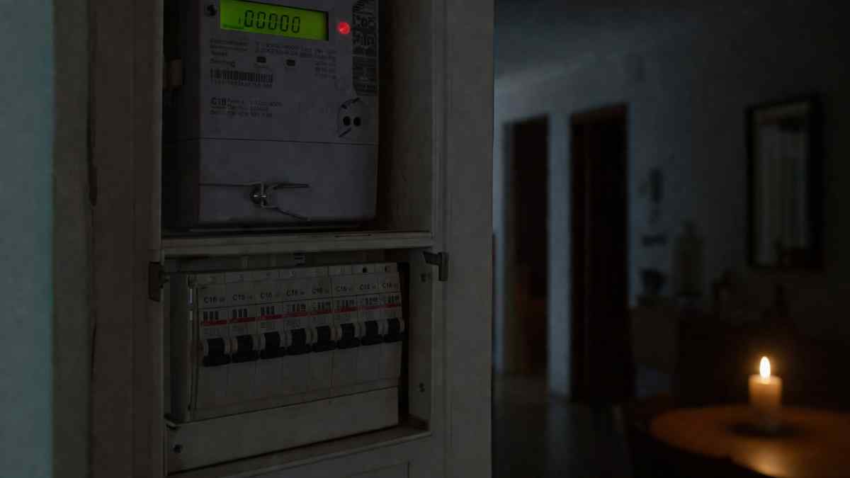 corte de luz en vivienda de Madrid con cuadro eléctrico y vela encendida por apagón programado
