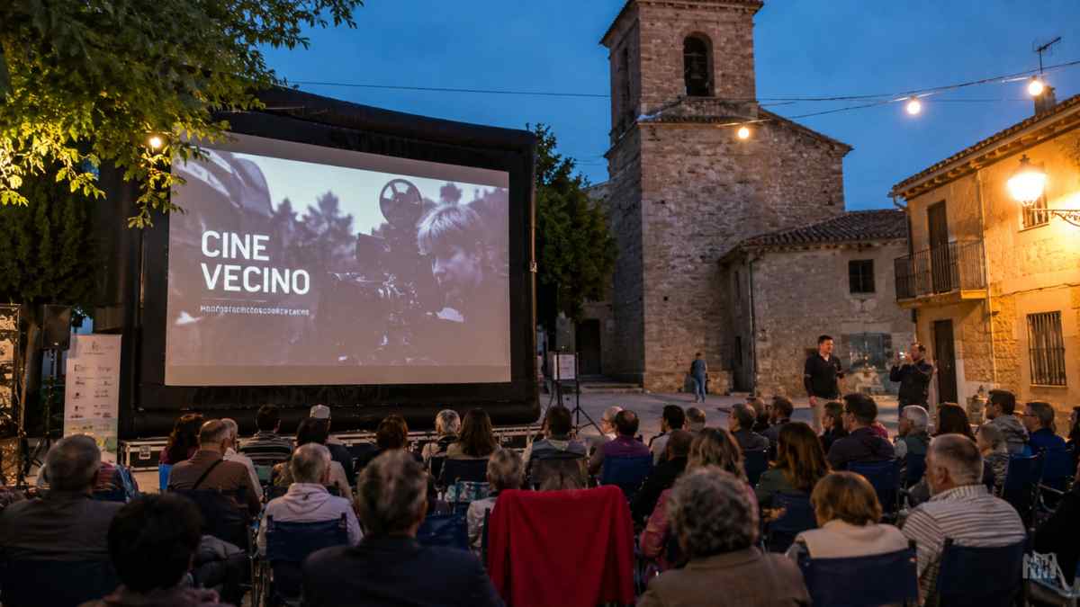 Vecinos viendo una proyección gratuita de Cine Vecino en un pueblo rural sin sala de cine